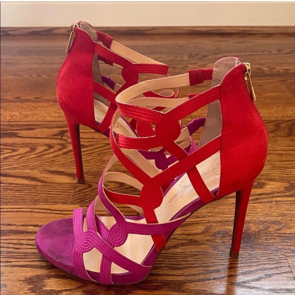 Jessica Simpson Strappy Rainah Red and Purple Faux Suede Heels Size 9.5